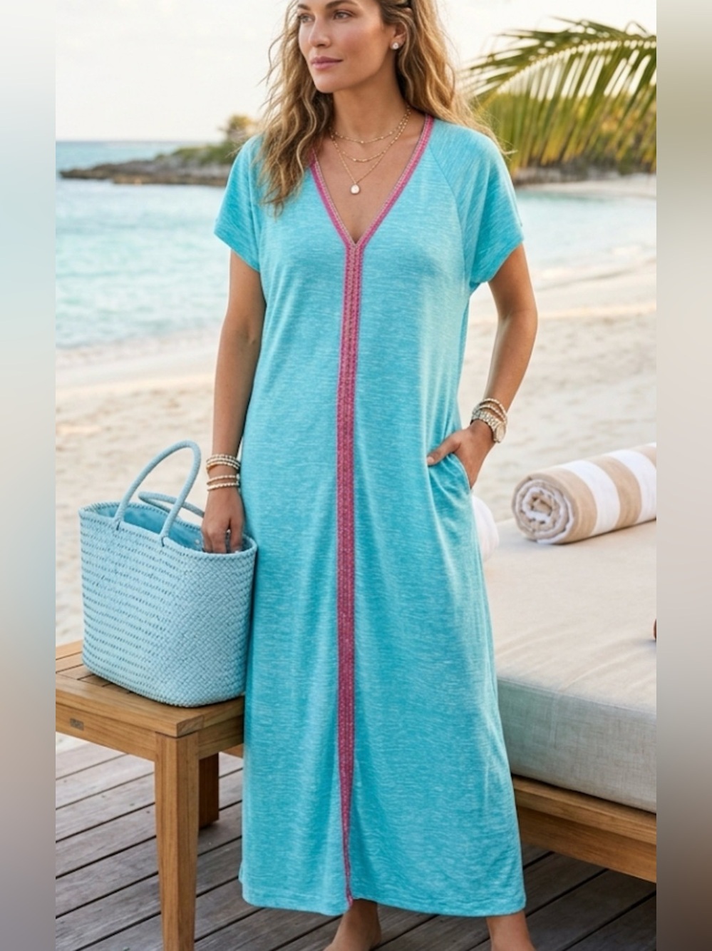 Pitusa Inca Maxi Dress Turquoise GREEN V-Neck Kaftan Coverup Standard Peru